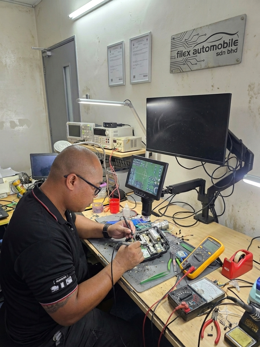 Filex Automobile technician repairing ECU and electronic module at specialist workbench — advanced diagnostics with oscilloscope and digital microscope