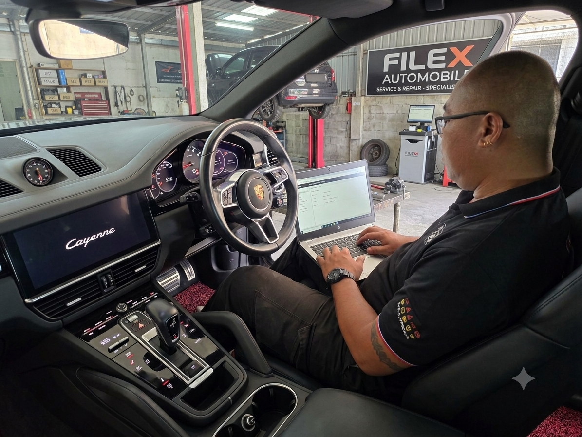 Filex Automobile technician performing ECU programming and diagnostics on Porsche Cayenne using laptop — Continental vehicle ECU specialist Kota Kinabalu Sabah