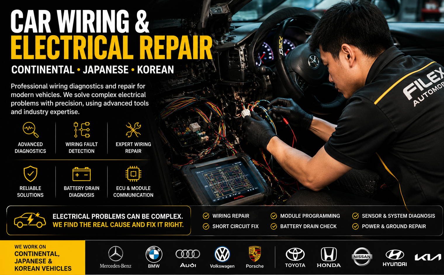 Filex Automobile Car Wiring & Electrical Repair — hands working on wiring harness with diagnostic scanner