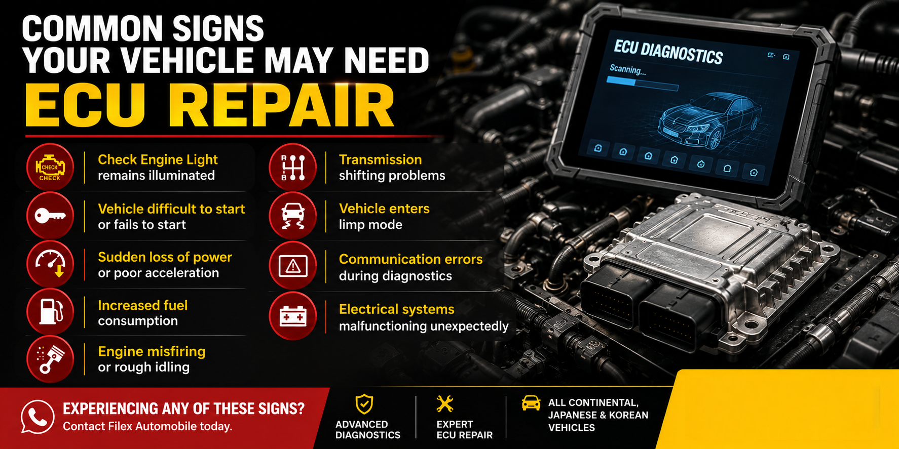 Common signs your vehicle may need ECU repair — Check Engine Light, limp mode, power loss, misfiring, transmission issues — Filex Automobile KK